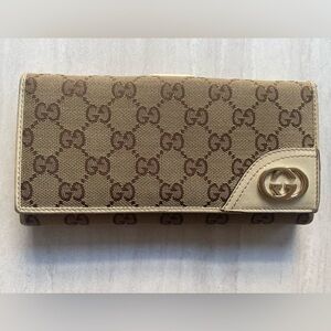 GUCCI GG Long Wallet Beige White Gold Canvas Leather Monogram Interlocking